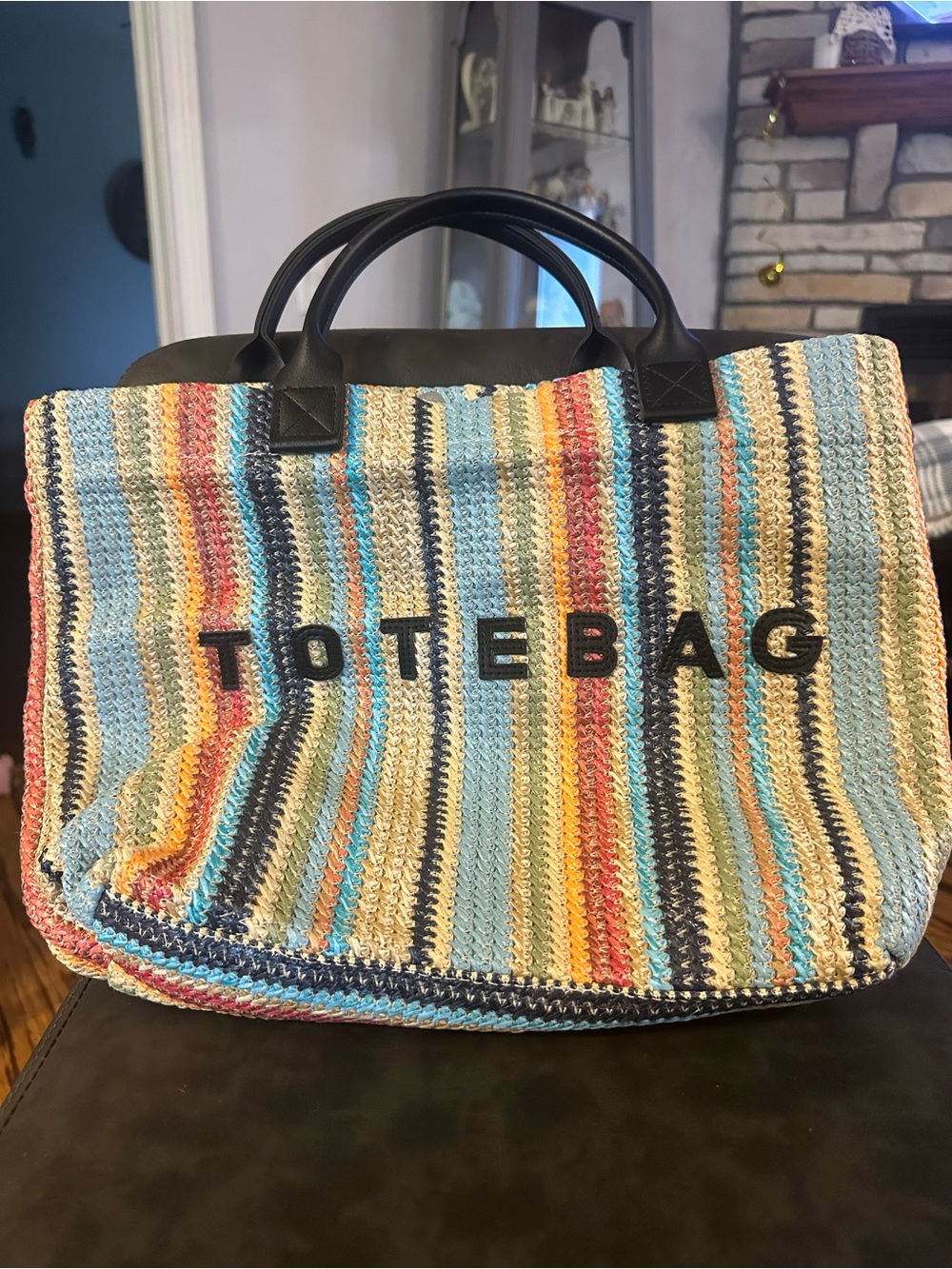 Striped Multicolor Crochet Tote Bag with Black Handles